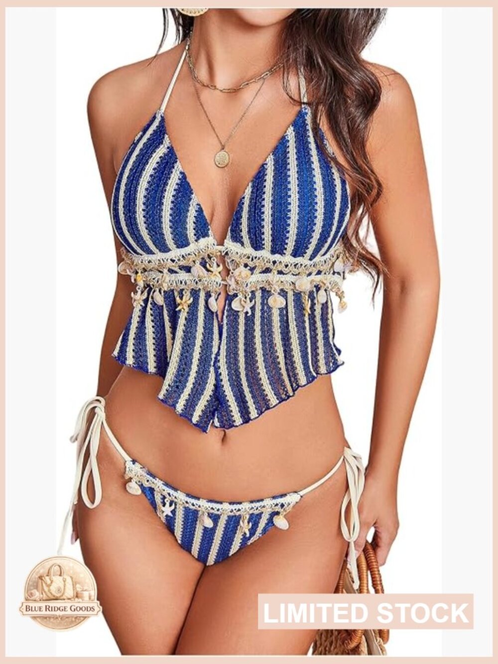 Women's Crochet Bikini Set Ruffle Halter Seashell Striped Brazilian String